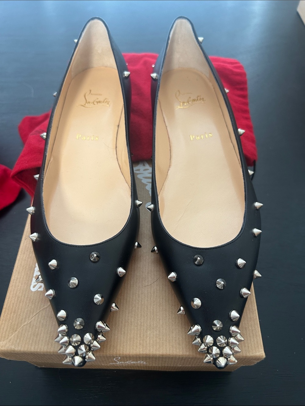 Christian Louboutin Black Pointed Ballet Flats with Silver Spikes